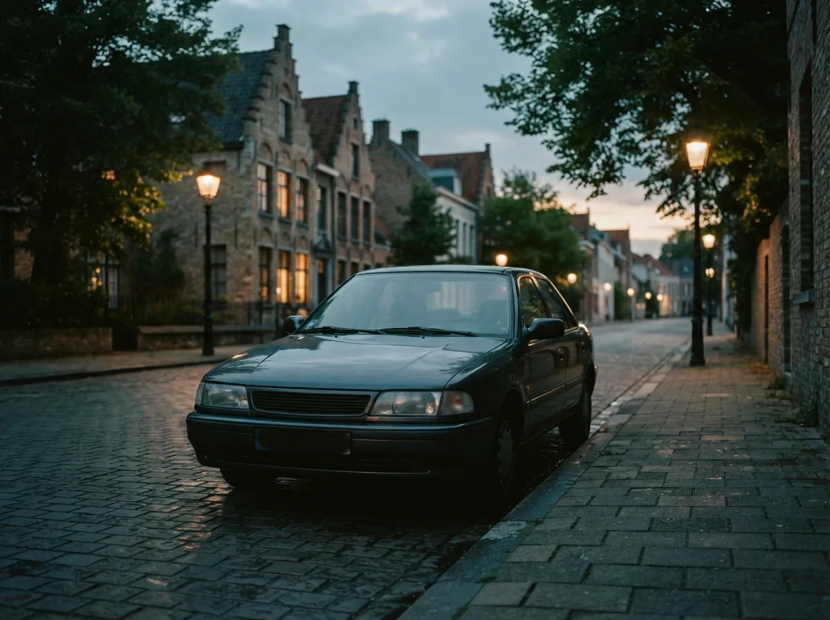 Geparkeerde auto in een rustige straat bij valavond