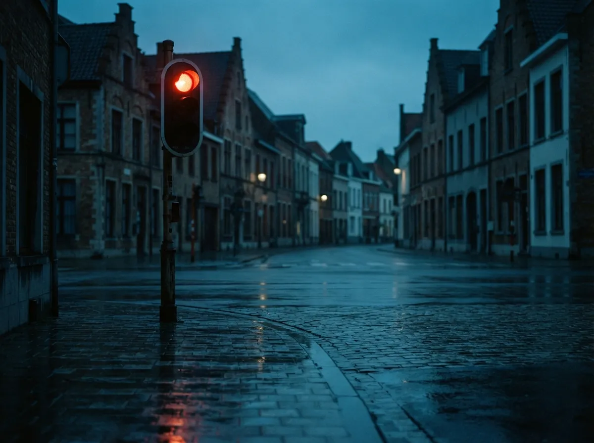 Rood verkeerslicht op een leeg kruispunt na regen