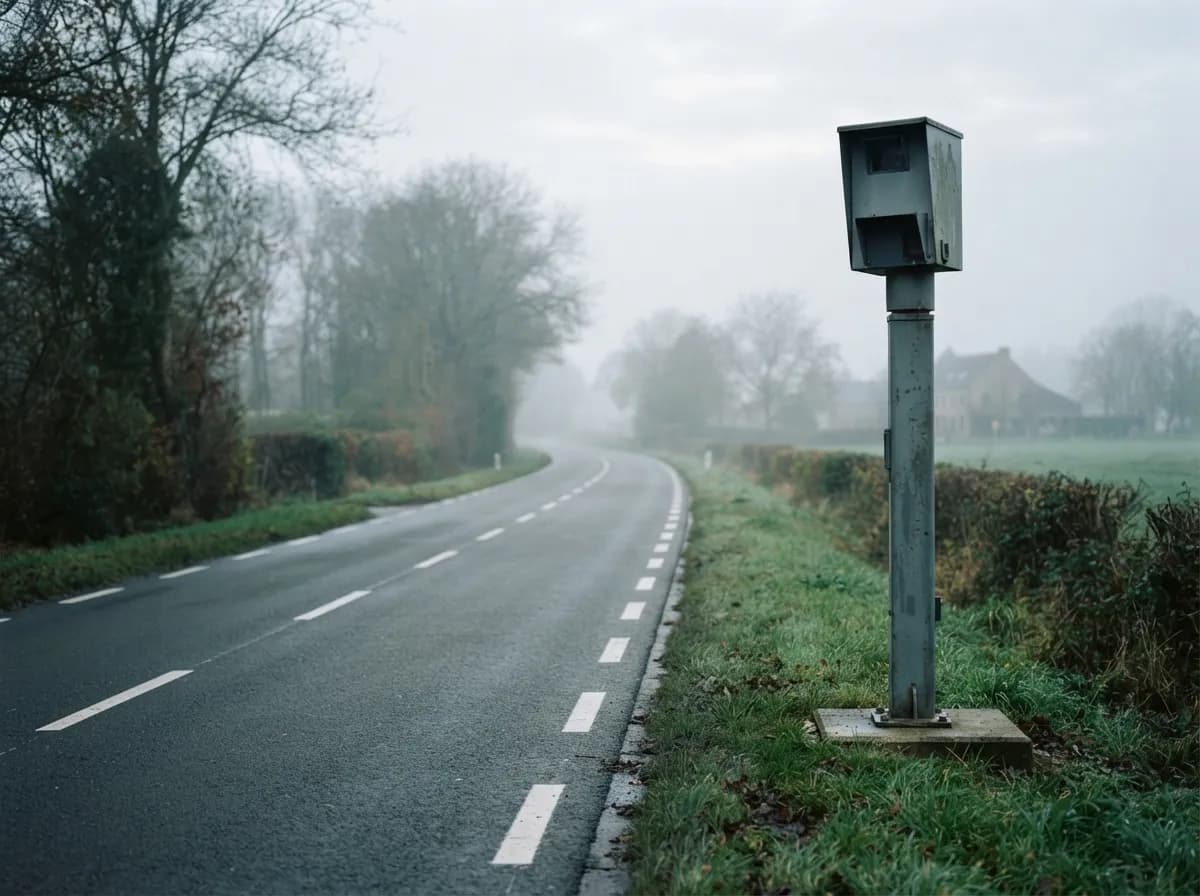 Flitspaal langs een lege gewestweg in de ochtendmist