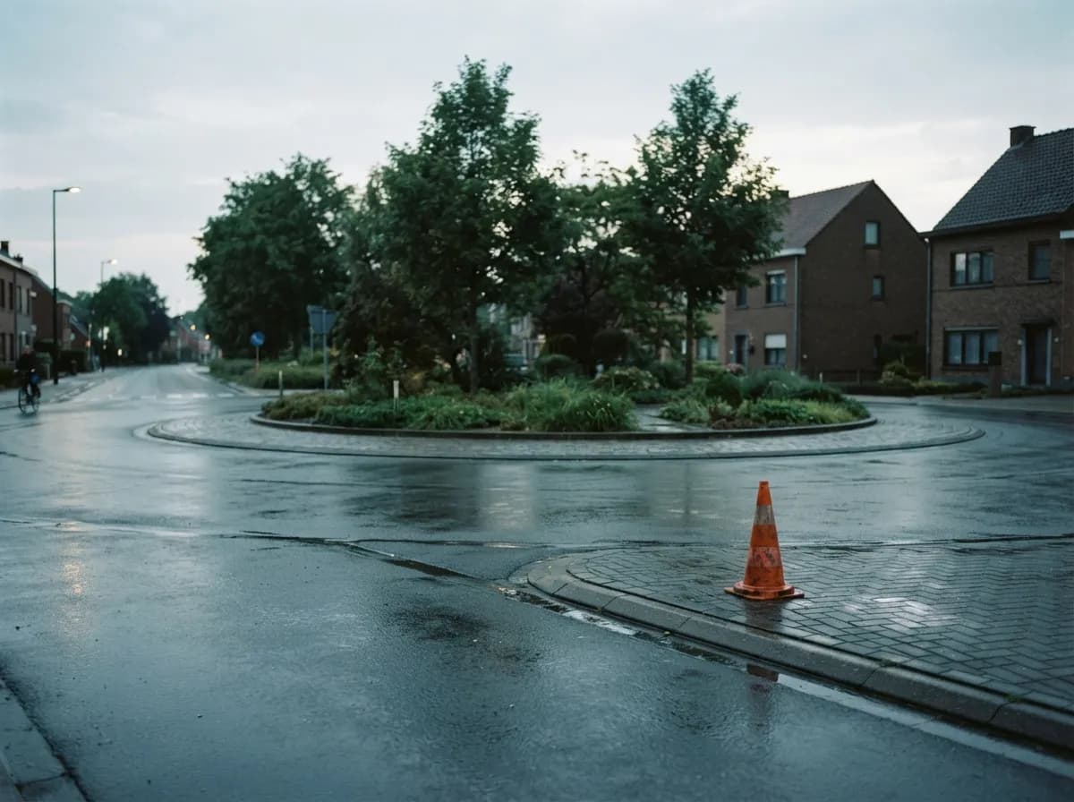 Rustig rondpunt na de regen met een verkeerskegel