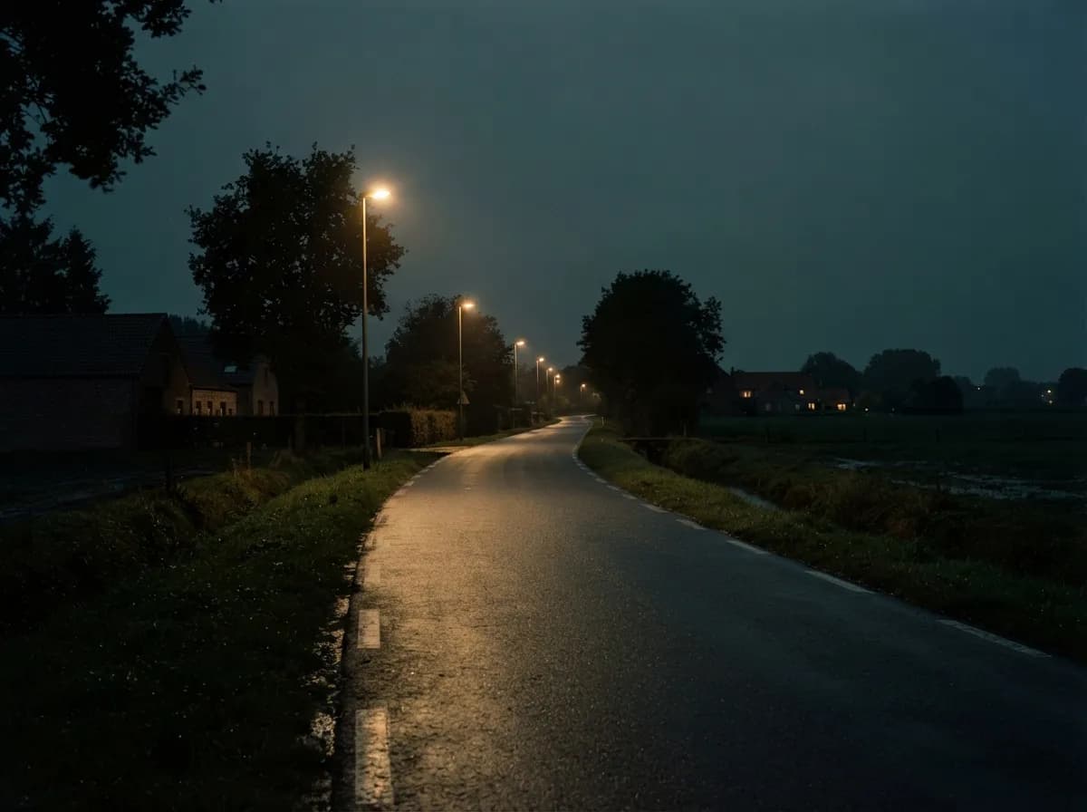 Lege landweg 's nachts onder straatlantaarns