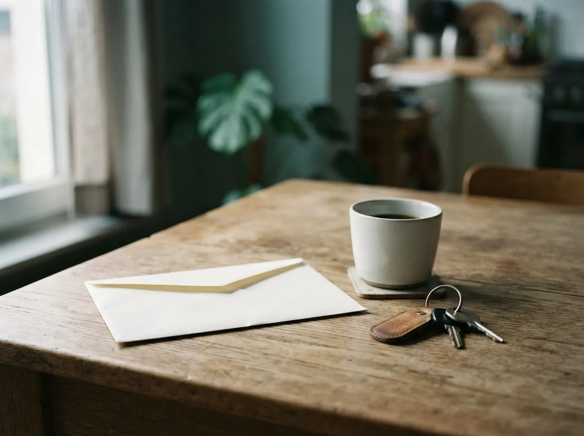 Envelop op de keukentafel naast koffie en sleutels