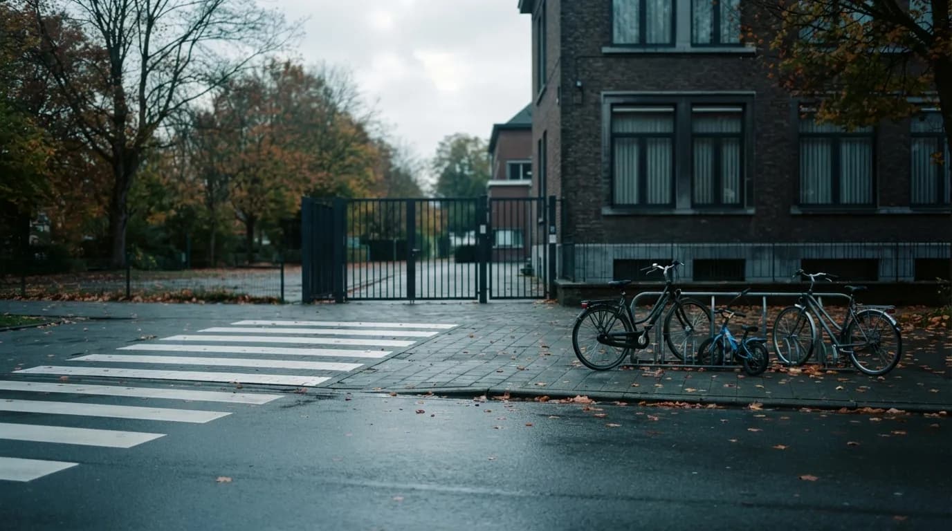 Leeg zebrapad voor een schoolpoort in de vroege ochtend
