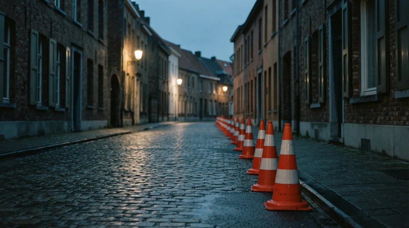 Verkeerskegels versmallen een rijstrook in een dorpsstraat