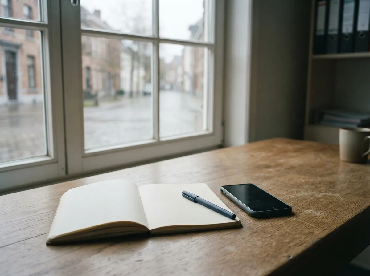 Smartphone en notitieboek op een bureau bij het raam