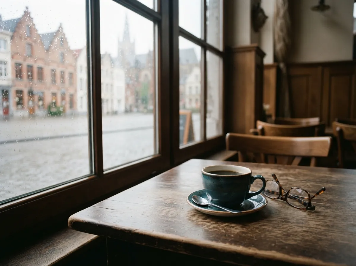 Koffie en een leesbril bij een regenachtig raam