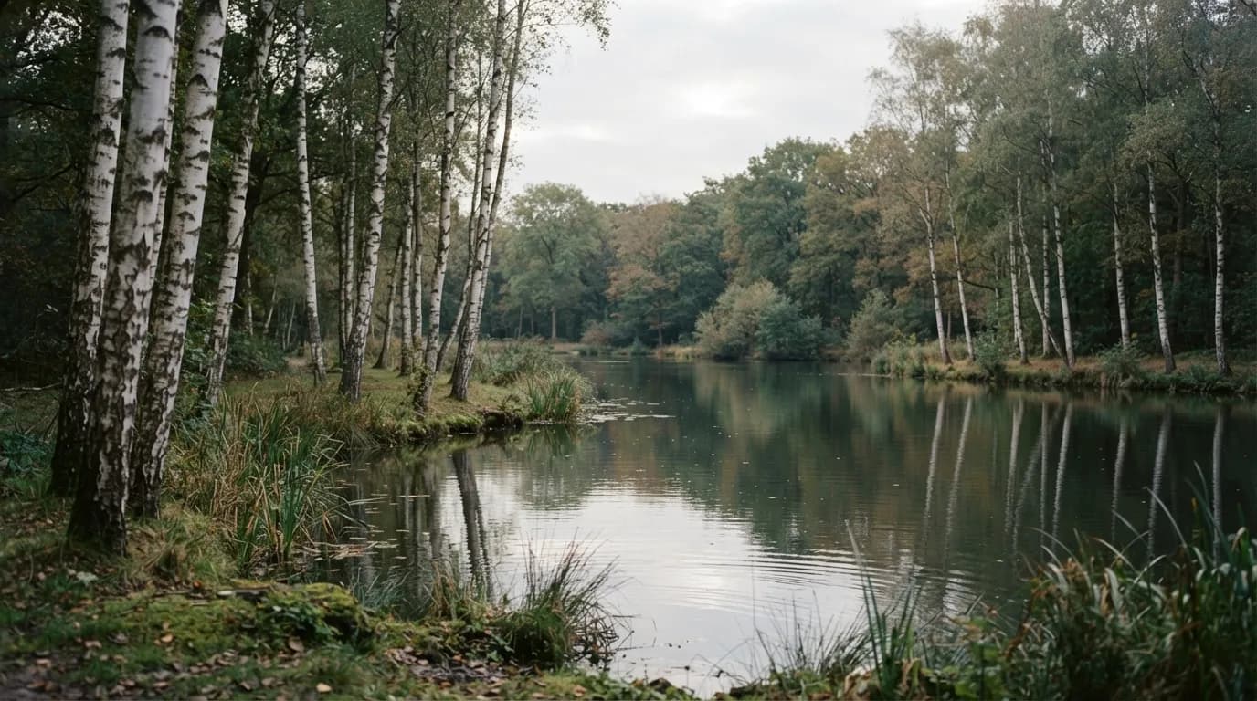 Park met vijver en berken aan de rand van een Limburgse stad