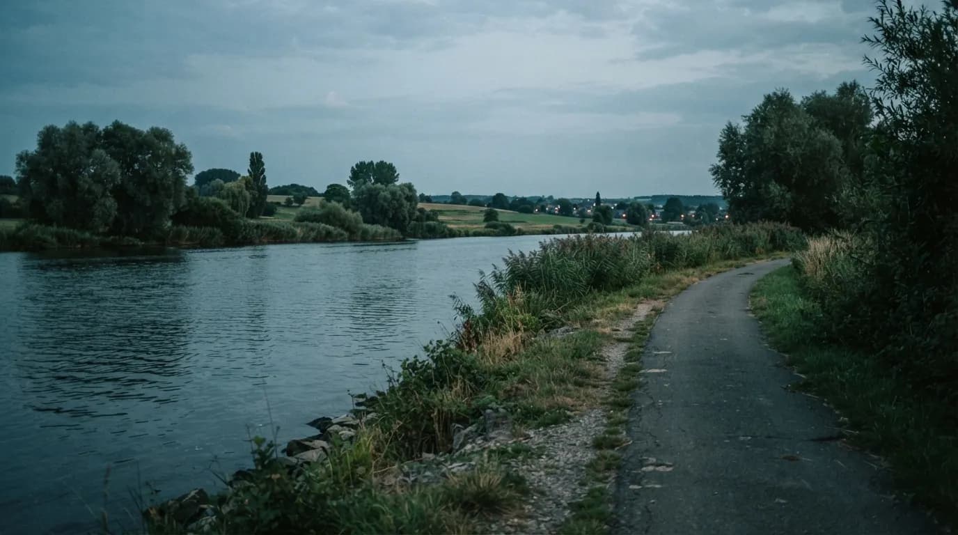 De Maas met een jaagpad en knotwilgen bij avondlicht