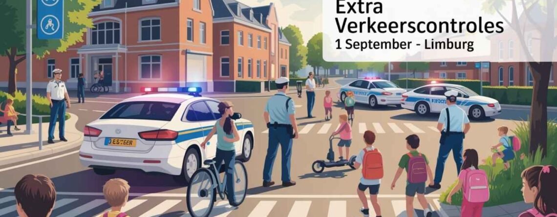 Banner met verkeerscontrole aan schoolpoort in Limburg op 1 september: politie, gsm op fiets, kiss-and-ride en e-steps.