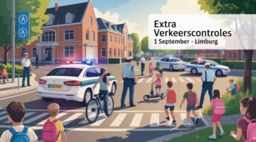 Banner met verkeerscontrole aan schoolpoort in Limburg op 1 september: politie, gsm op fiets, kiss-and-ride en e-steps.